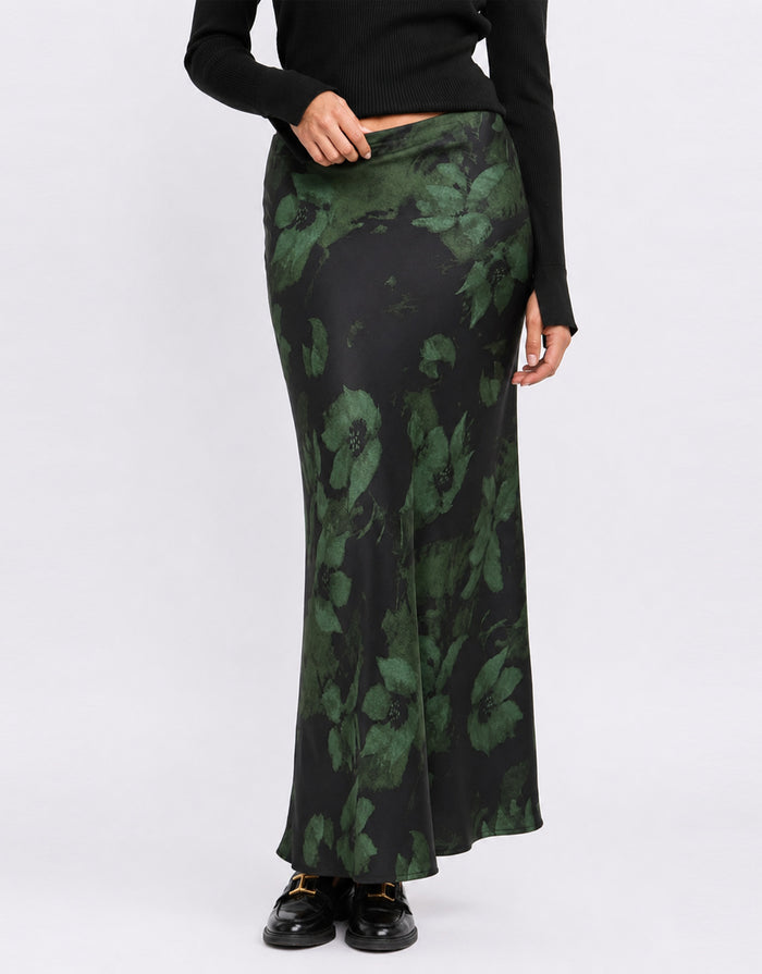 Prodigy Satin Bias Cut Maxi Skirt - Green Shadow Garden