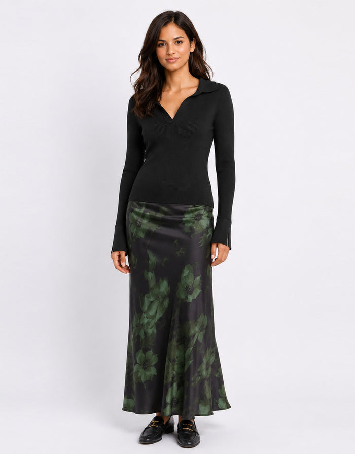 Prodigy Satin Bias Cut Maxi Skirt - Green Shadow Garden