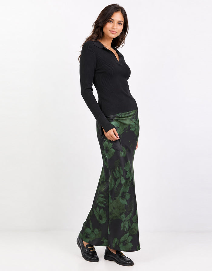 Prodigy Satin Bias Cut Maxi Skirt - Green Shadow Garden