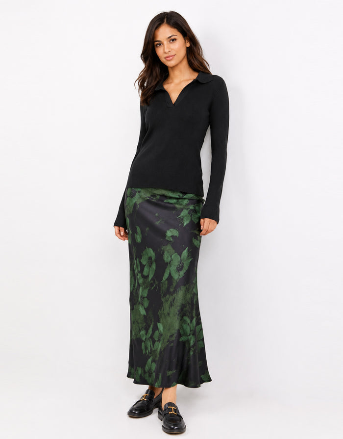 Prodigy Satin Bias Cut Maxi Skirt - Green Shadow Garden