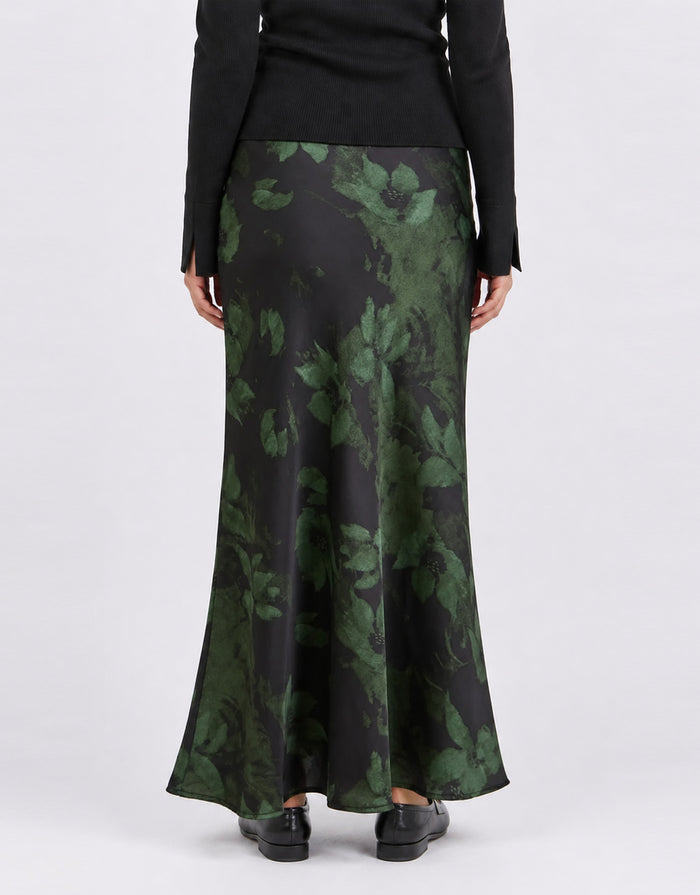 Prodigy Satin Bias Cut Maxi Skirt - Green Shadow Garden