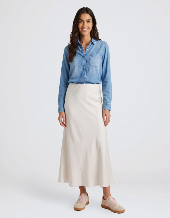 Prodigy Satin Bias Maxi Skirt - Pearl