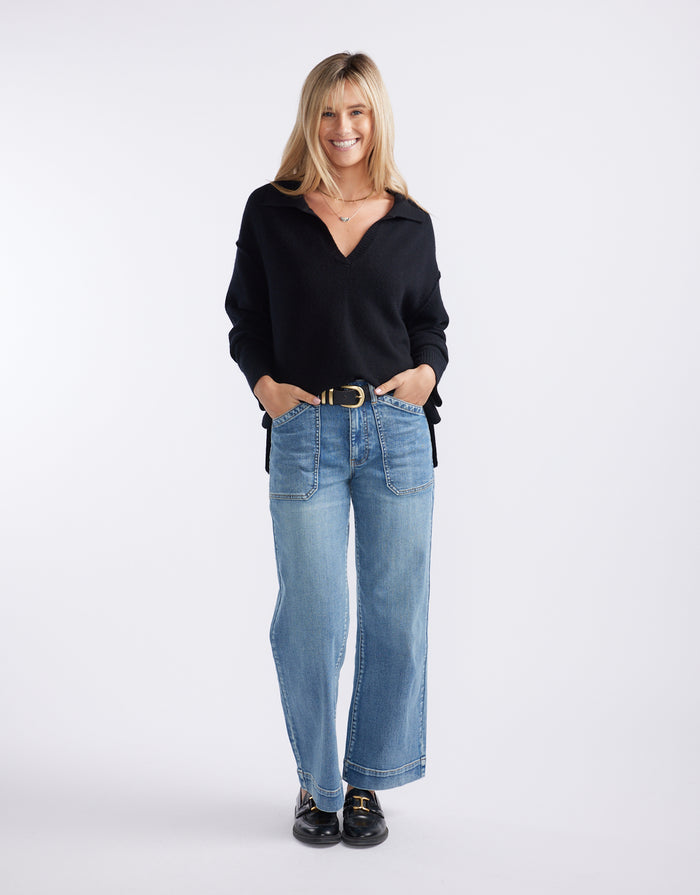 Provence Wool Cashmere Collared Knit - Black
