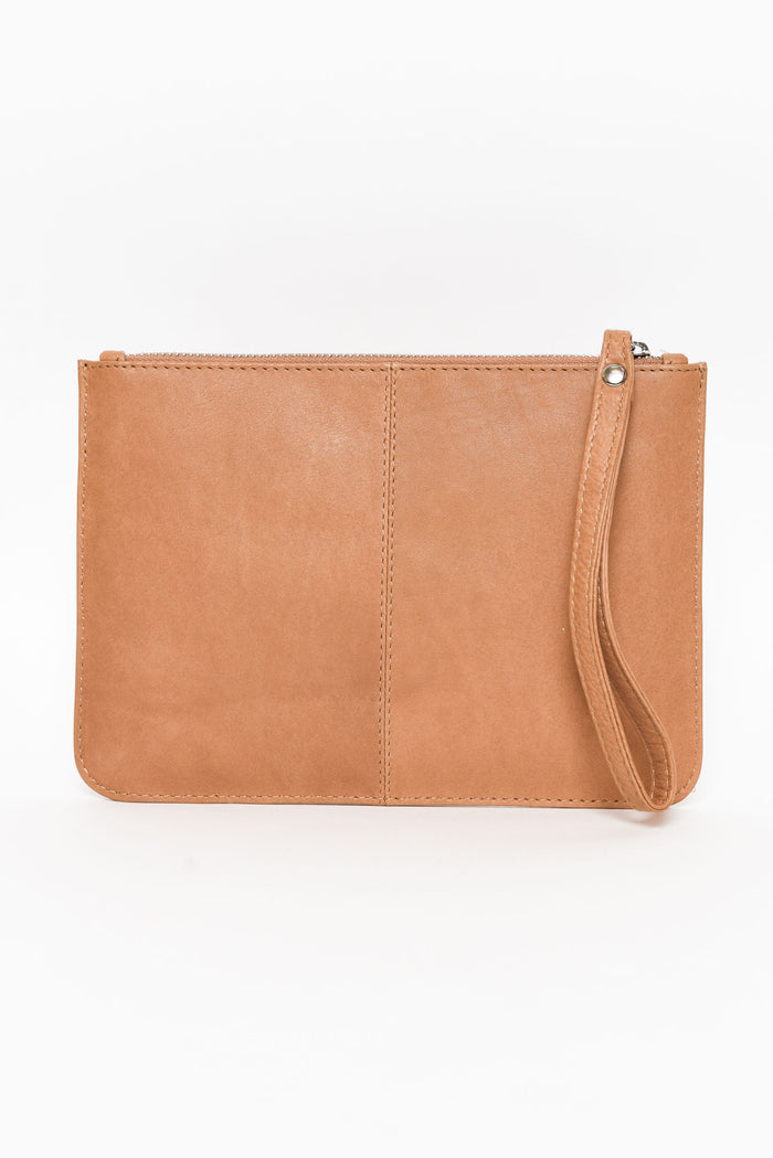 Queens Camel Leather Clutch