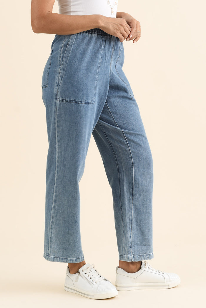 Quinn Blue Cotton Jogger Pants,brunette model,Side of Outfit,alt text|model:Cara