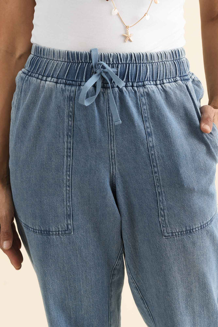 Quinn Blue Cotton Jogger Pants,brunette model,Close up of outfit,alt text|model:Cara