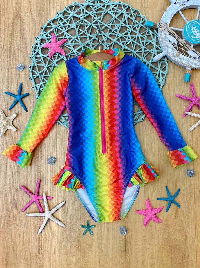Girls Rainbow Scale One Piece Swimsuit | Mia Belle Girls Swimwear