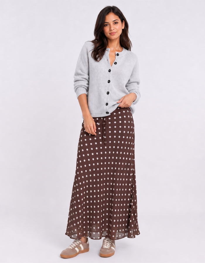 Rally Georgette Bias Cut Maxi Skirt - Chocolate Polka Dot