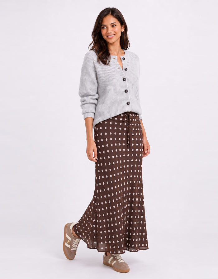 Rally Georgette Bias Cut Maxi Skirt - Chocolate Polka Dot