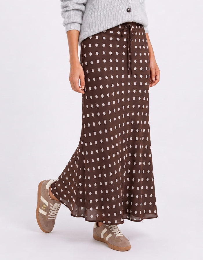 Rally Georgette Bias Cut Maxi Skirt - Chocolate Polka Dot
