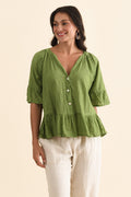 Ramona Green Cotton Ruffle Top,Brunette model,alt text|model:Brontie