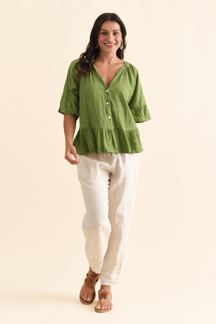 Ramona Green Cotton Ruffle Top,Brunette model,alt text|model:Brontie