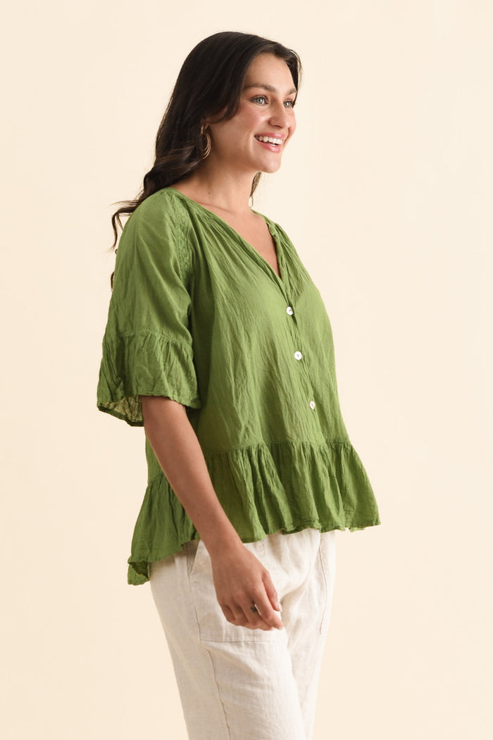 Ramona Green Cotton Ruffle Top,Brunette model,alt text|model:Brontie