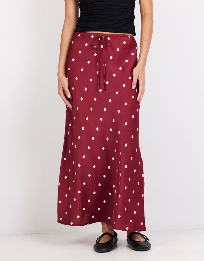 stories-be-told-rarity-satin-tie-waist-bias-maxi-skirt-winecream-polka-dot-womens-clothing