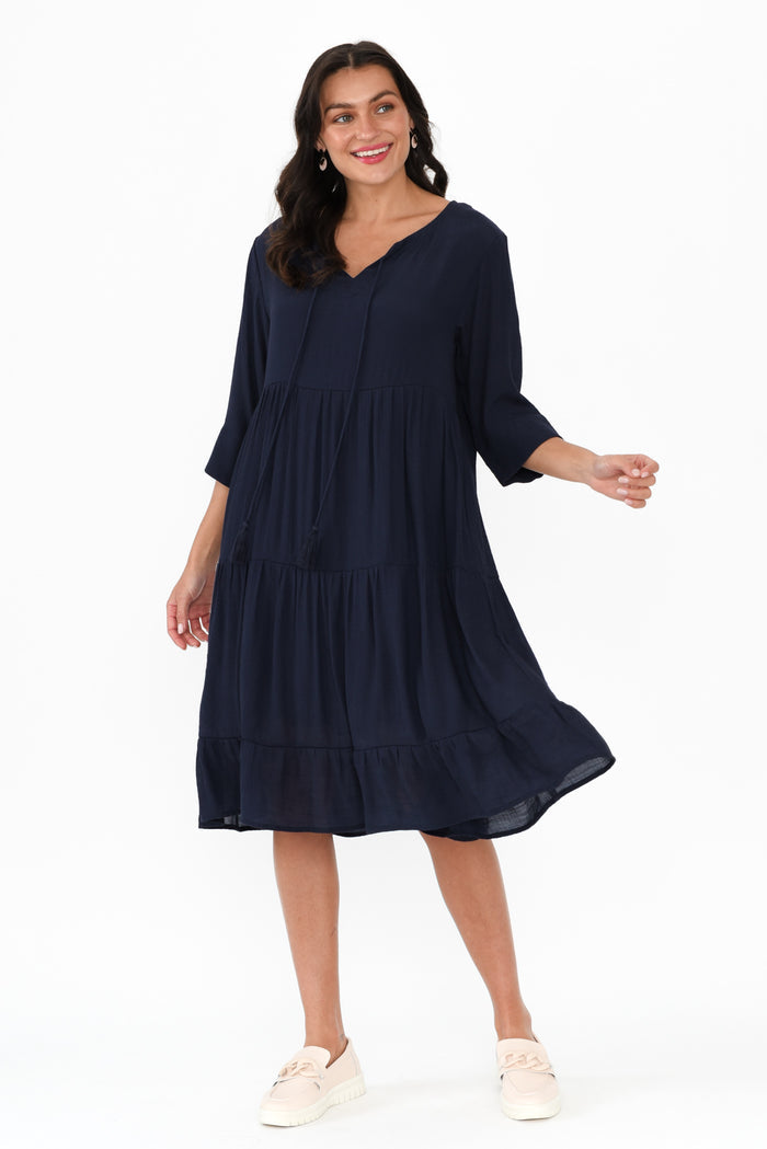 Ravina Navy Tier Dress,Brunette model,alt text|model:Brontie
