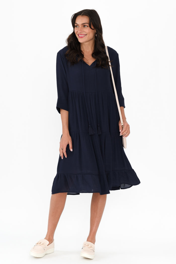 Ravina Navy Tier Dress,Brunette model,alt text|model:Brontie