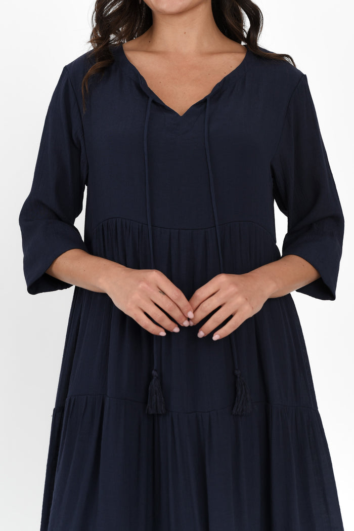 Ravina Navy Tier Dress,Brunette model,alt text|model:Brontie