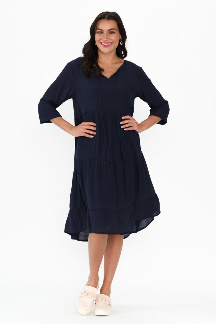 Ravina Navy Tier Dress,Brunette model,alt text|model:Brontie