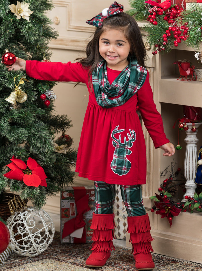 Reindeer Slay Plaid Tunic, Scarf, And Legging Set Mia Belle Girls