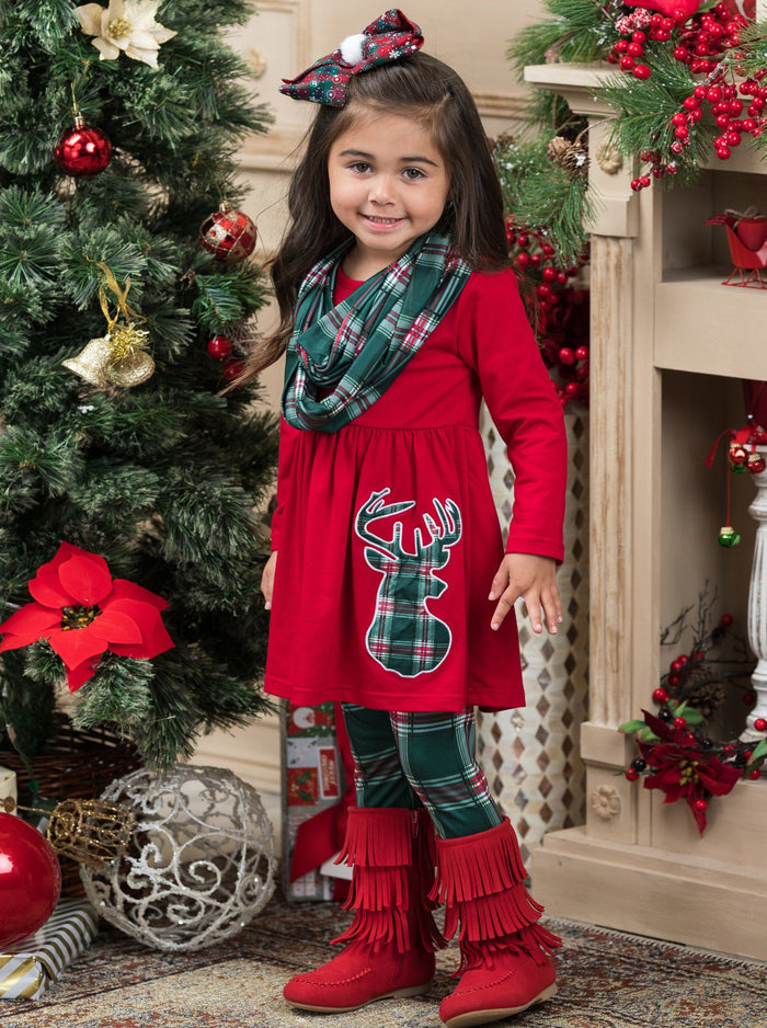 Girls Winter Casual Set | Reindeer Plaid Tunic, Scarf, & Legging Set