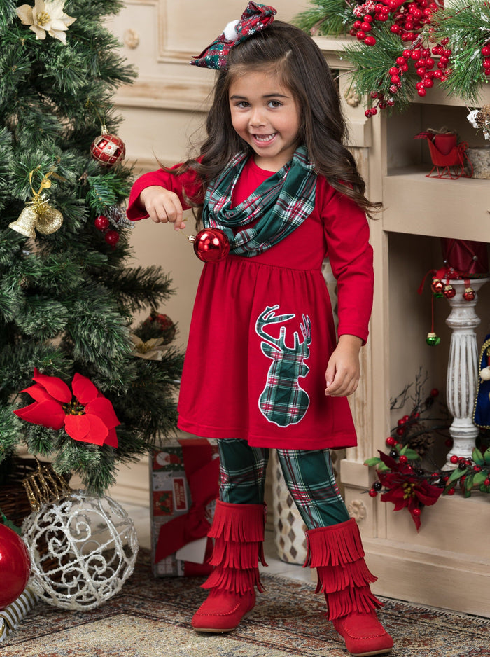 Girls Winter Casual Set | Reindeer Plaid Tunic, Scarf, & Legging Set