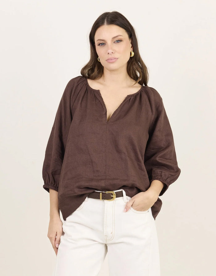Revolutionary Linen Relaxed LS Top - Chocolate