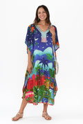 Reyna Blue Paradise Kaftan,Brunette model,alt text|model:Cara