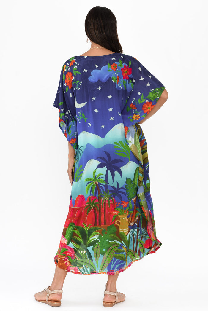 Reyna Blue Paradise Kaftan,Brunette model,alt text|model:Cara