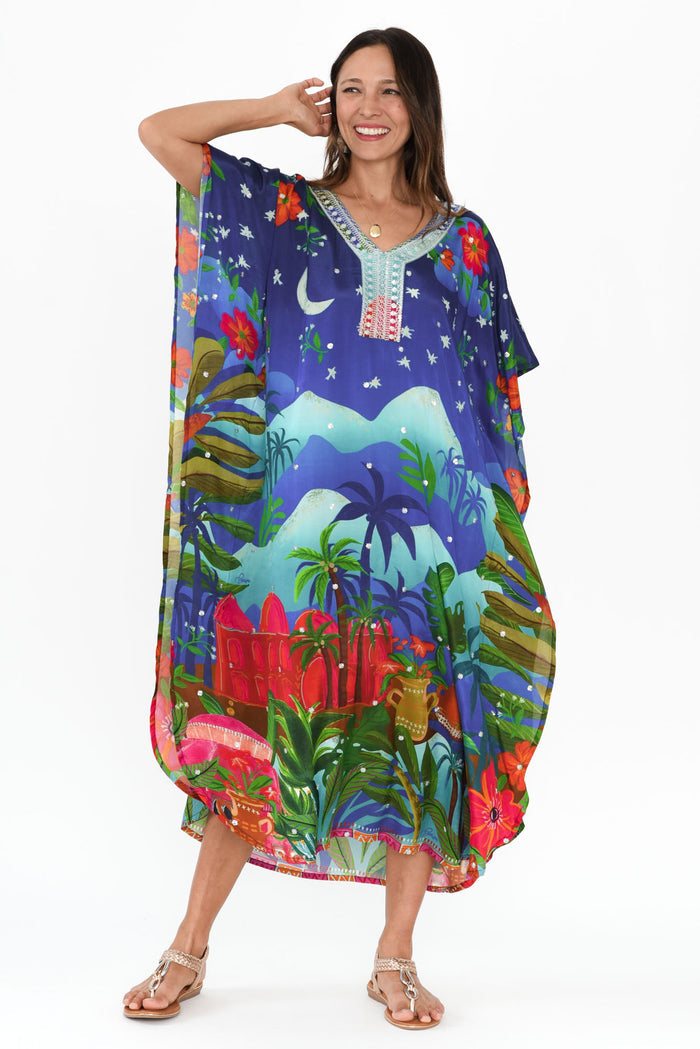 Reyna Blue Paradise Kaftan,Brunette model,alt text|model:Cara