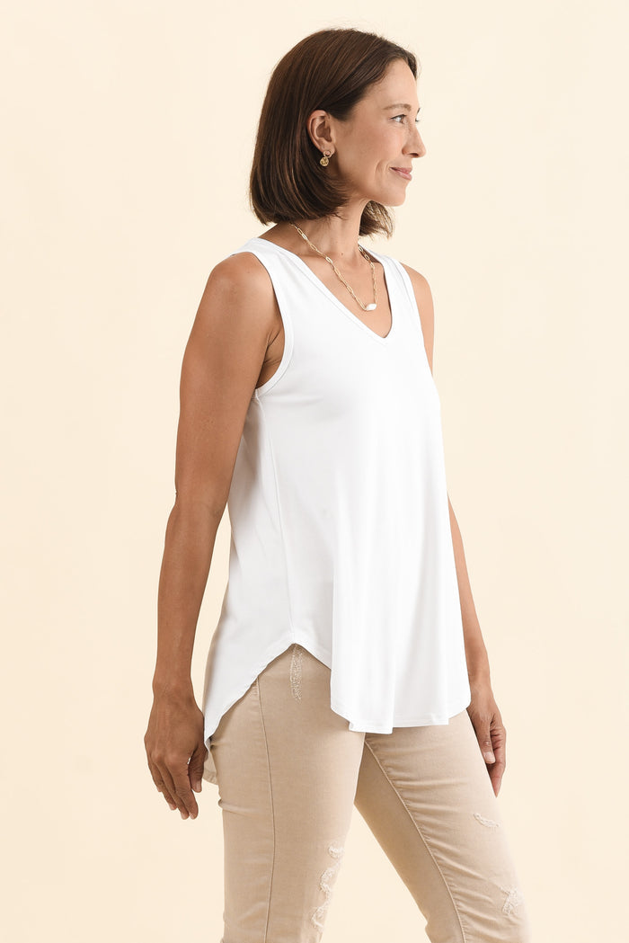 Rihanna White Bamboo Tank,Brunette model,alt text|model:Cara