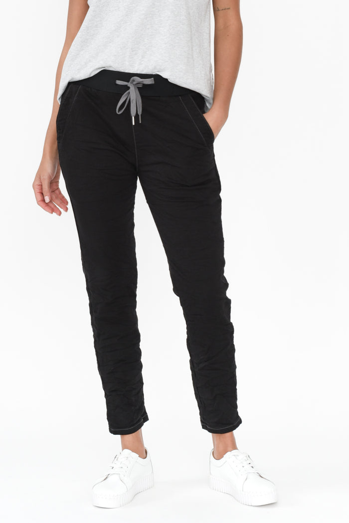 Riley Black Denim Jogger Pants,Brunette model,alt text|model:Brontie