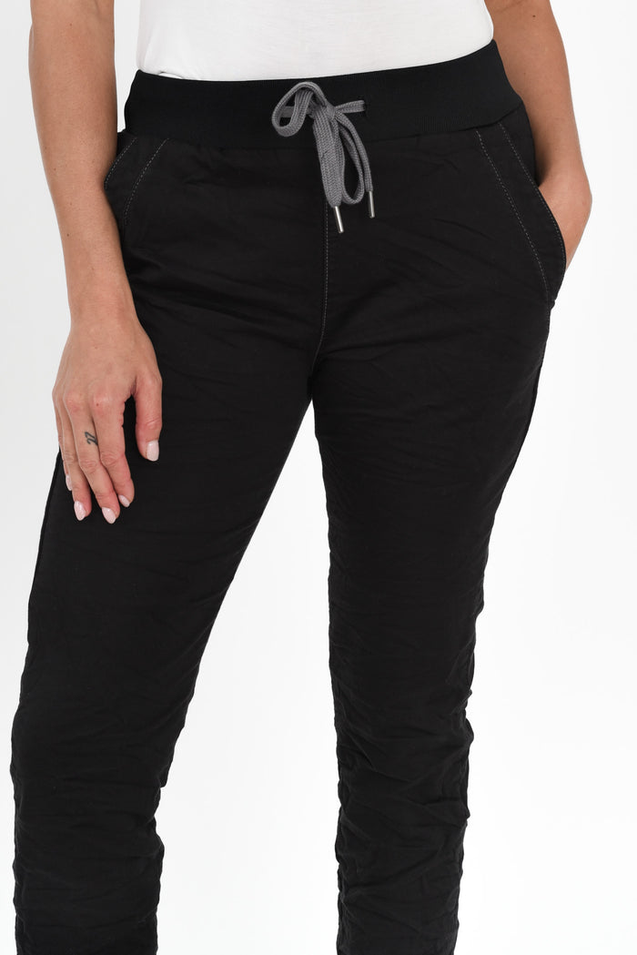 Riley Black Denim Jogger Pants,Brunette model,alt text|model:Brontie