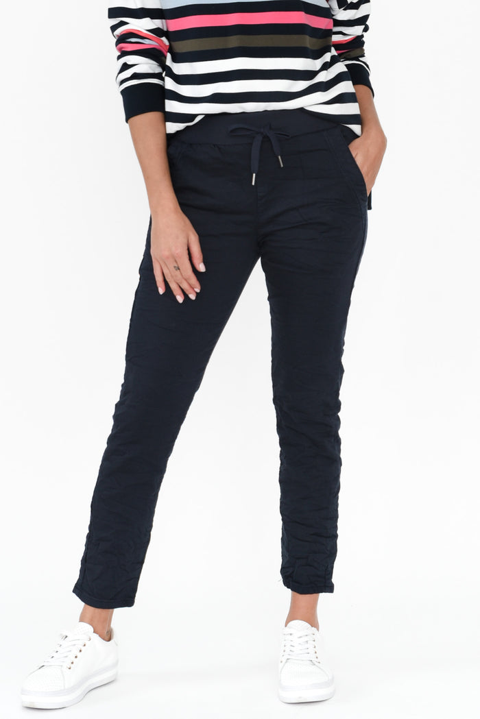 Riley Navy Denim Jogger Pants,Brunette model,alt text|model:Brontie