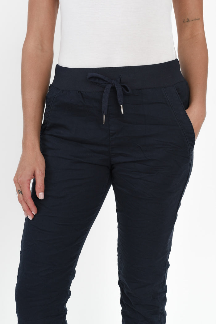 Riley Navy Denim Jogger Pants,Brunette model,alt text|model:Brontie
