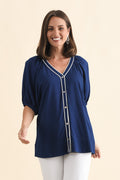 Rio Reef Navy Contrast Button Blouse,Brunette model,alt text|model:MJ