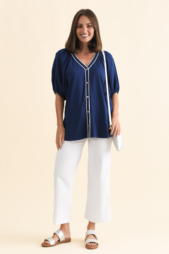 Rio Reef Navy Contrast Button Blouse,Brunette model,alt text|model:MJ