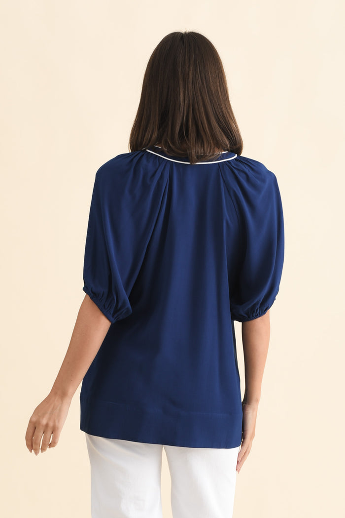 Rio Reef Navy Contrast Button Blouse,Brunette model,alt text|model:MJ