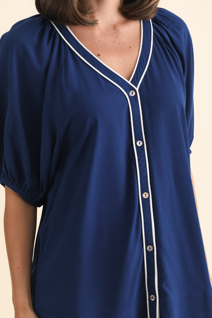 Rio Reef Navy Contrast Button Blouse,Brunette model,alt text|model:MJ