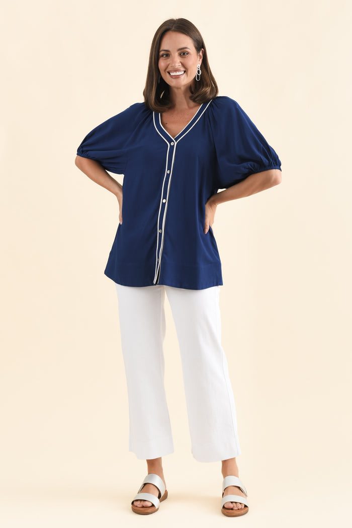 Rio Reef Navy Contrast Button Blouse,Brunette model,alt text|model:MJ