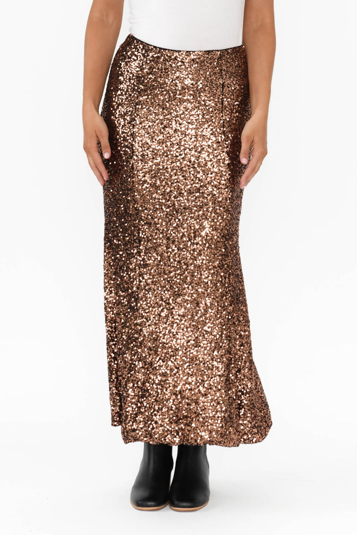 Ritz Bronze Sequin Skirt,Blonde model,alt text|model:Mollie