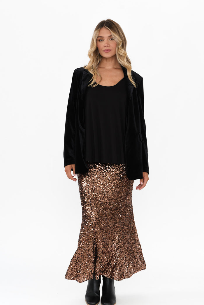 Ritz Bronze Sequin Skirt,Blonde model,alt text|model:Mollie