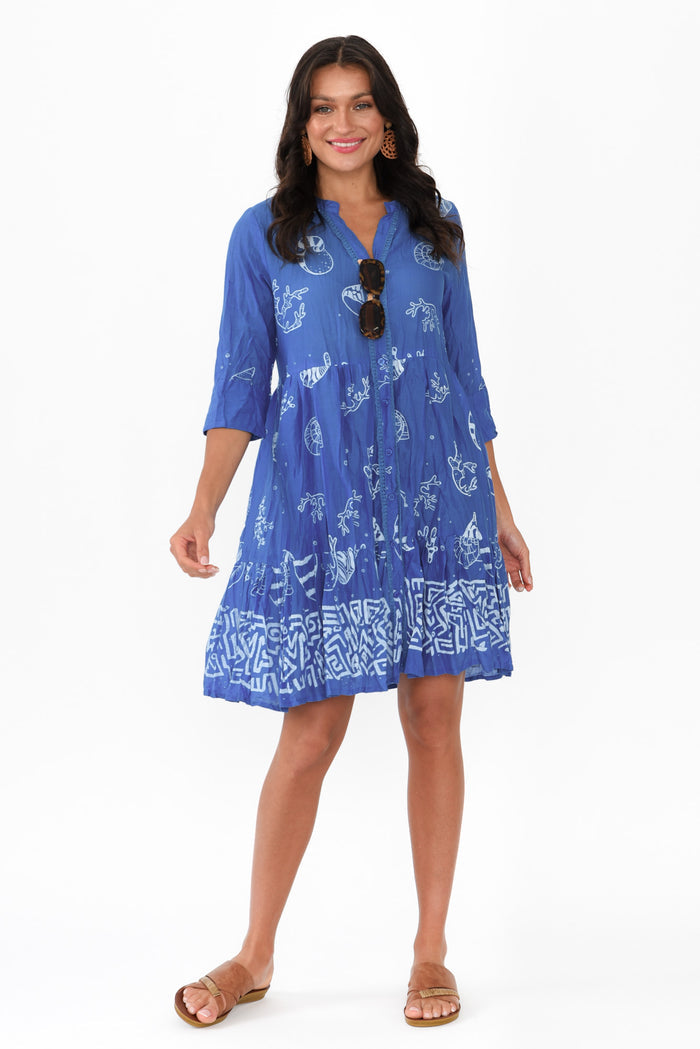 Romy Cobalt Seashell Crinkle Cotton Dress,Brunette model,alt text|model:Brontie
