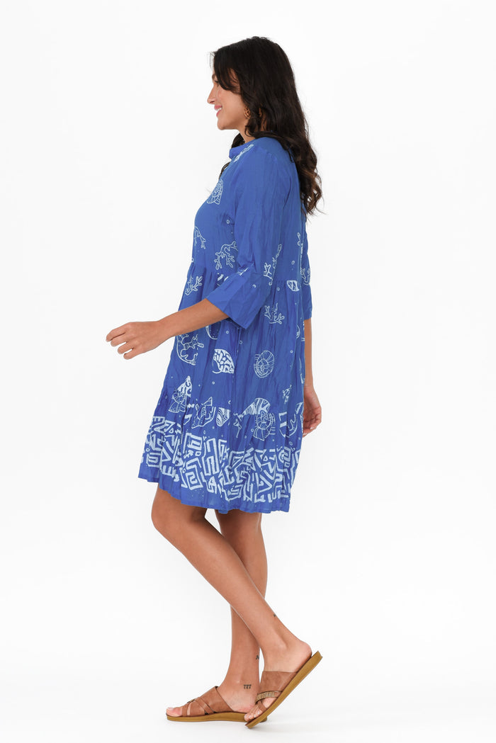Romy Cobalt Seashell Crinkle Cotton Dress,Brunette model,alt text|model:Brontie
