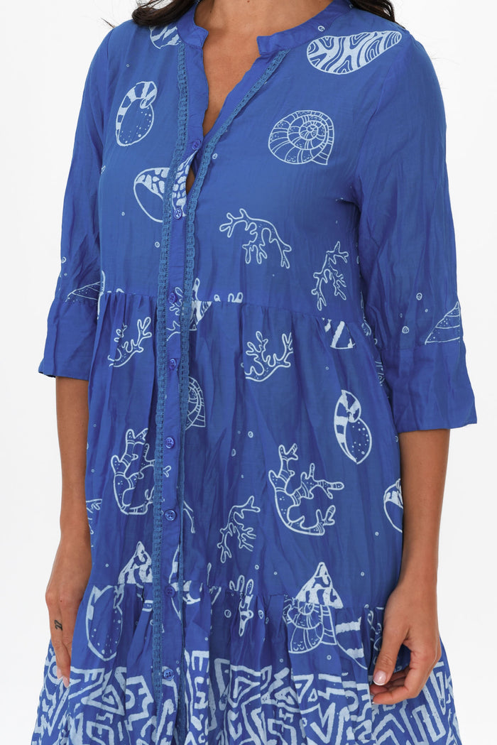 Romy Cobalt Seashell Crinkle Cotton Dress,Brunette model,alt text|model:Brontie