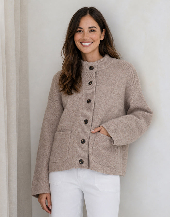 Romy Wool Blend Funnel Neck Cardigan - Warm Beige
