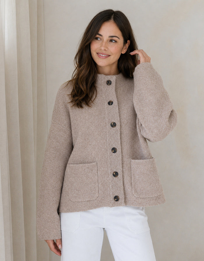 Romy Wool Blend Funnel Neck Cardigan - Warm Beige