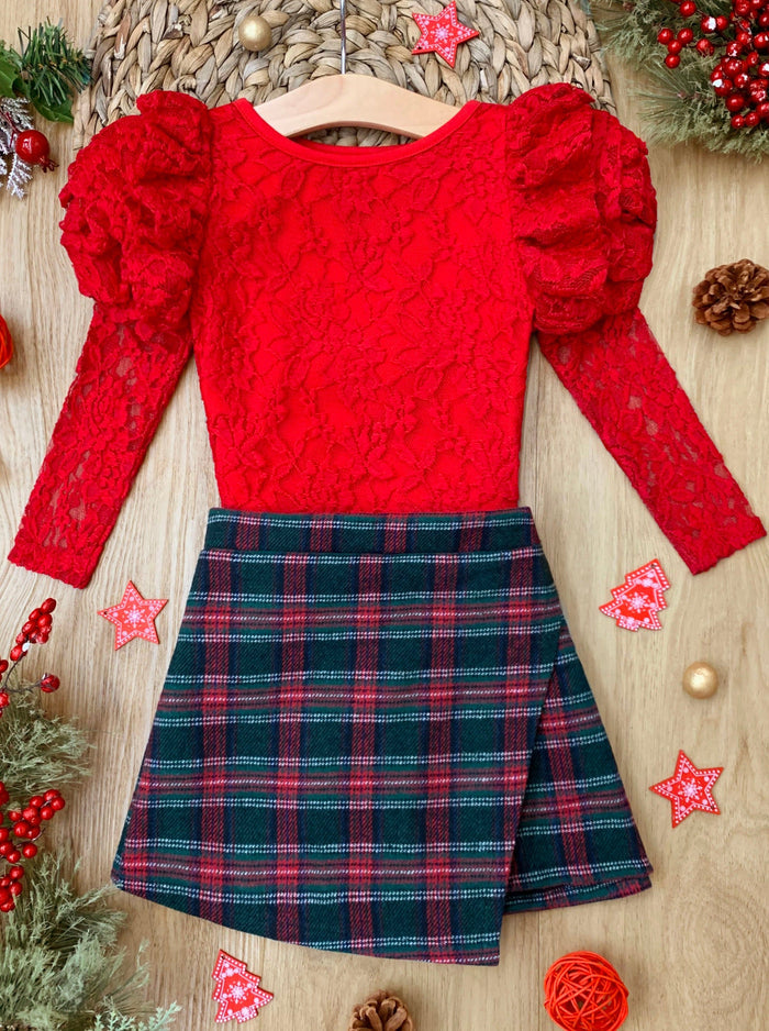 Mia Belle Girls Lace Top & Plaid Skort Set | Cute Winter Outfits