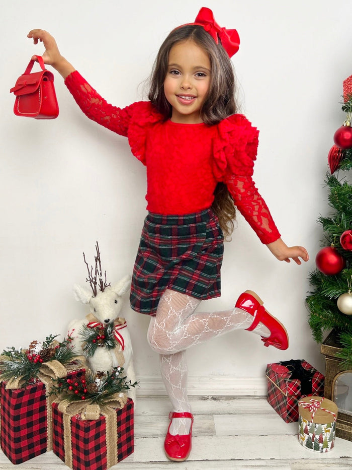 Mia Belle Girls Lace Top & Plaid Skort Set | Cute Winter Outfits