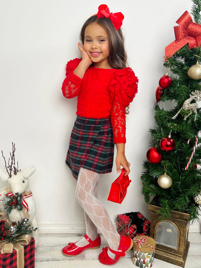 Mia Belle Girls Lace Top & Plaid Skort Set | Cute Winter Outfits