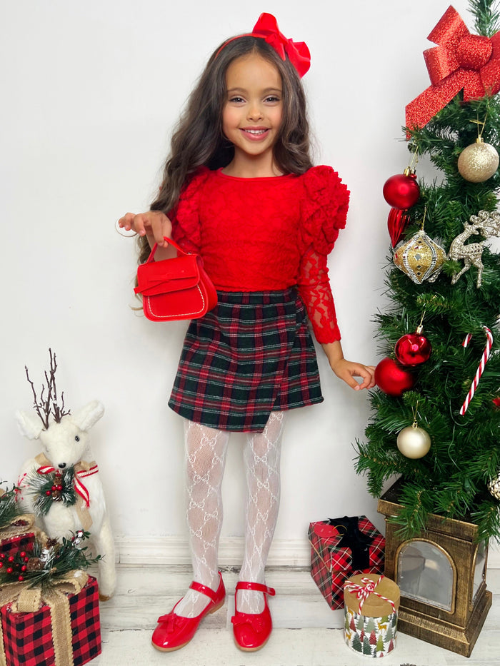 Mia Belle Girls Lace Top & Plaid Skort Set | Cute Winter Outfits